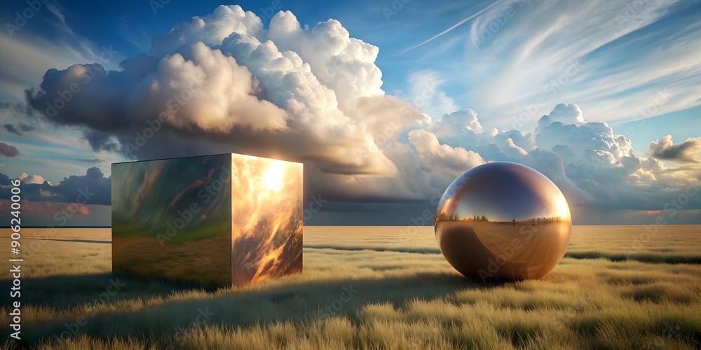 Poster abstract landscape composition with bronze sphere and a marble cube with cloud above the field ultra