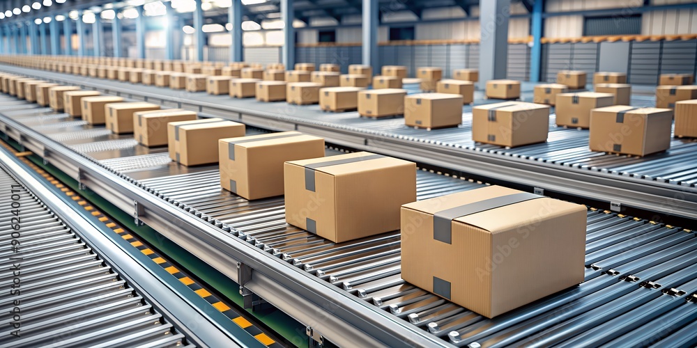 Poster parcels on the conveyor belt overview of ecommerce shipping automation and products generative by ai