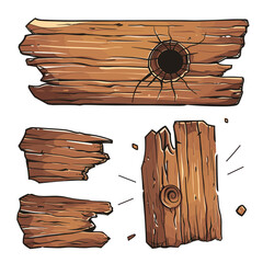 Wooden planks broken cartoon style illustration. Three separate pieces wood depicted, one bullet hole, another fractured. Timber graphics design elements, broken wood chunks, cartoon game assets