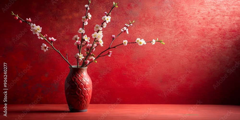 Poster conceptual still life of a red patterned vase with cherry blossoms against a red textured background