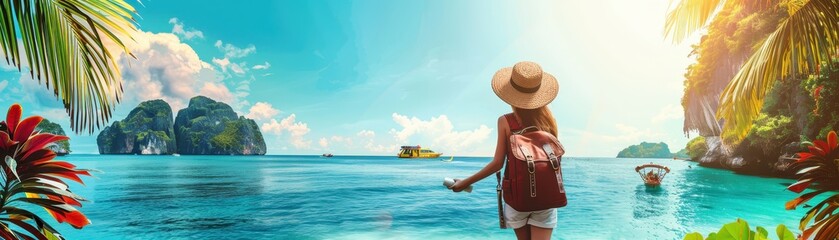 Woman with hat and backpack stands at tropical beach, admiring island and clear blue sea on sunny day.