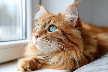 Close-Up of a Fluffy Orange Cat with Blue Eyes Looking Through Window - Pet Portrait for Home Decor and Animal Lovers