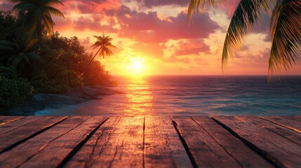 Stunning Tropical Sunset Over Ocean with Palm Trees and Wooden Deck, Vibrant Colors, Serene Beach Scene, Perfect for Travel and Nature Themes