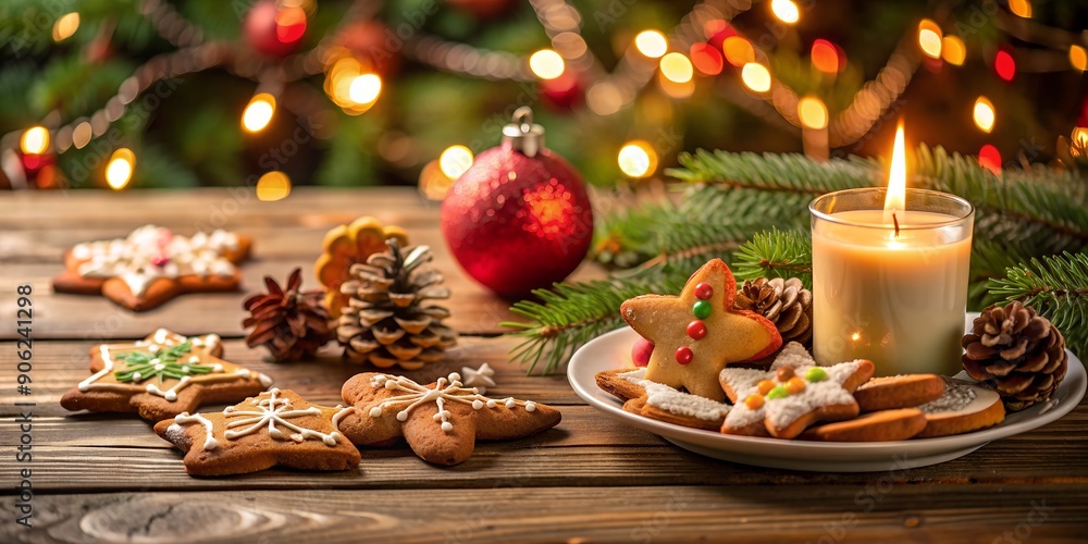 Poster christmas cookies on a table with a candle in the background generative by ai