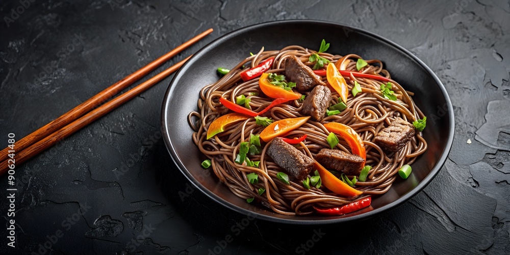 Poster stir fry soba noodles with beef on the black background generative by ai