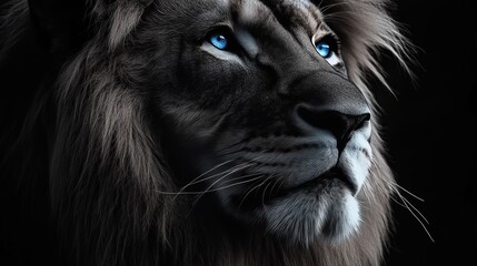 A lion with a blue eye staring at the camera