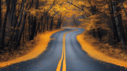 A road with yellow leaves on the ground and a yellow line