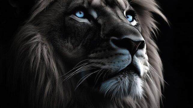 A lion with blue eyes and a black mane