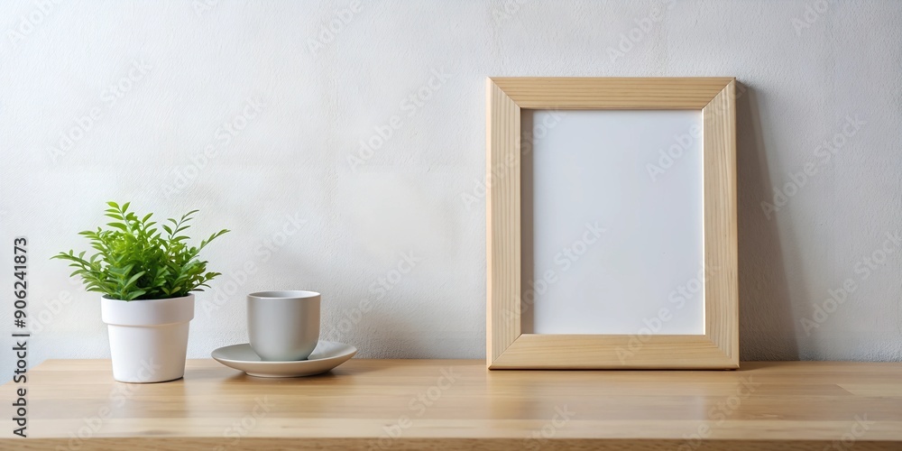 Poster small picture frame mockup hanging from wall over table generative ai