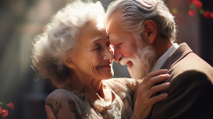 Smiling senior couple dancing while looking at each other