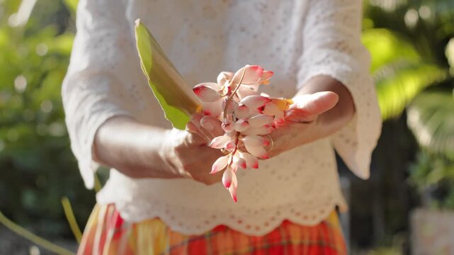 Woman in white shirt and plaid skirt showing Alpinia zerumbet flower to camera. Close up