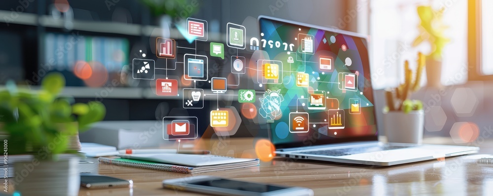 Poster digital interface with colorful apps on laptop screen in modern workspace. perfect for technology an