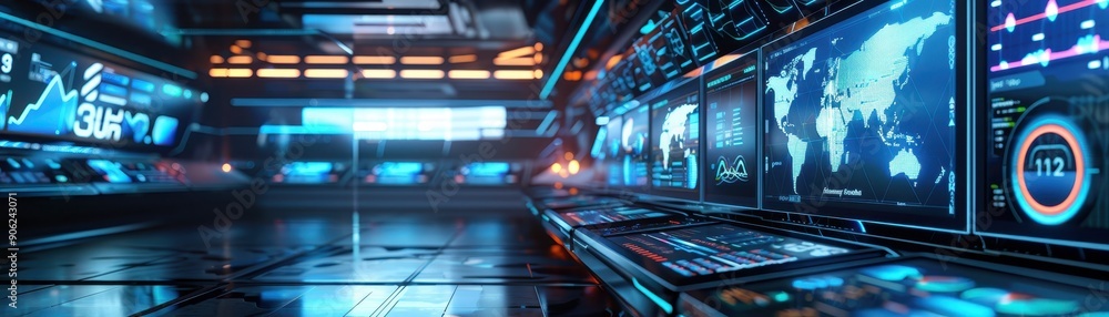 Poster futuristic command center with advanced technology, digital screens displaying data and maps, featur