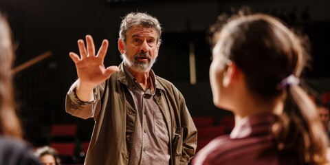 Obraz premium A theater director guiding actors through a scene, focusing on emotions and expressions