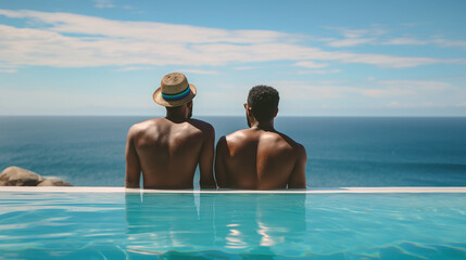 Two friends relax by an infinity pool with stunning ocean views, enjoying a tranquil moment together and creating unforgettable memories under a clear sky, cherishing their escape from daily life