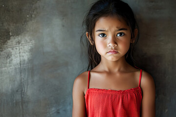 Fototapeta premium Sad expression, child model shoot, clean background, looking sad, sadness depressed upset mood, generated ai