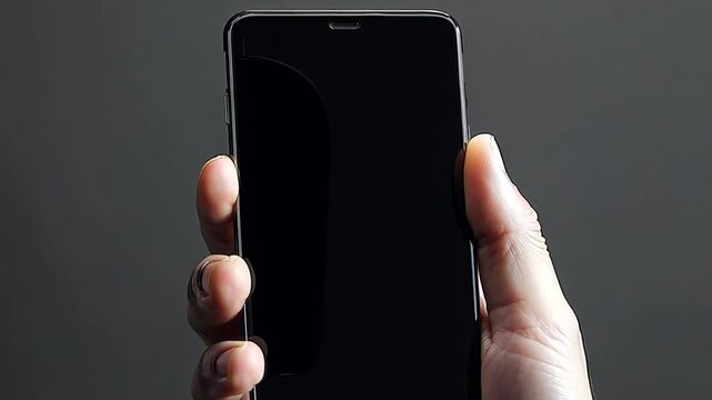 Person holding in hand smartphone, isolated on black background. Mock up copy space for advertisement minimalism Space for text