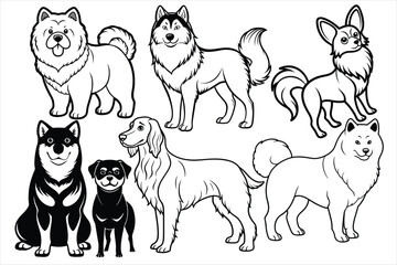 Fototapeta premium Modern Minimalist Dog Illustrations - Vector Art Collection. Discover a stunning collection of six modern, minimalist dog illustrations, each set against vibrant, colored backgrounds.