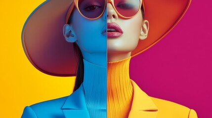 A woman is wearing a yellow and blue outfit with a yellow hat