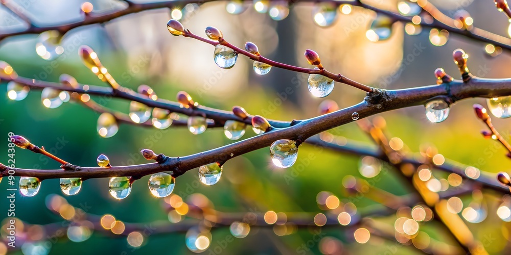 Aufkleber drops of dew on the branches of a tree ai-created content