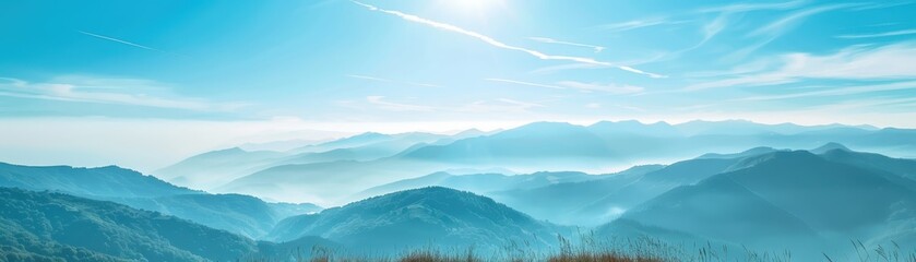 Fototapeta premium Stunning panoramic view of misty blue mountains under a bright sky, capturing the serene beauty of nature and tranquility in the early morning.