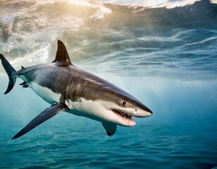 Fototapeta premium Great White Shark (Carcharodon carcharias) breaching in an attack.Great White Shark (Carcharodon carcharias) with an open mouth jumps out of water