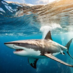 Fototapeta premium Great White Shark (Carcharodon carcharias) breaching in an attack.Great White Shark (Carcharodon carcharias) with an open mouth jumps out of water