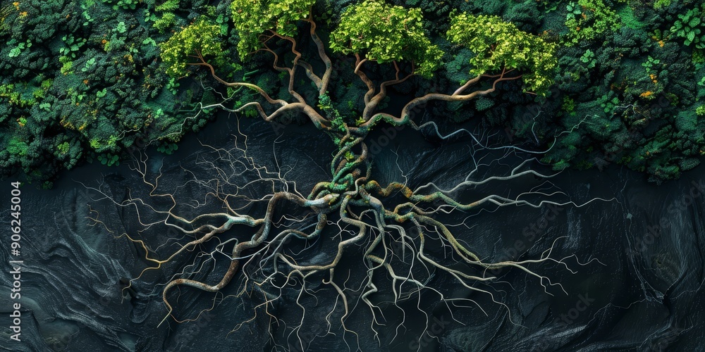 Aufkleber abstract forest ecosystem with interconnected roots, symbolizing ecological system maintenance