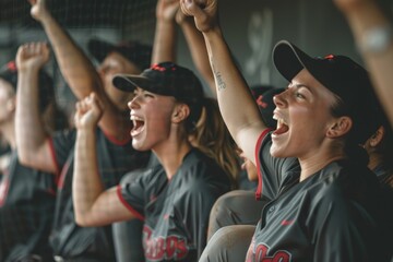 Unified team spirit  softball players cheering in dugout, capturing unity and support