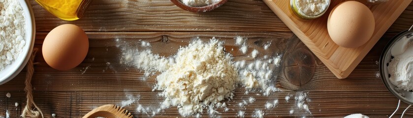 Top view of baking ingredients including flour, eggs, and butter on wooden table. Perfect for bakery, cooking, and recipe themes.