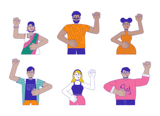 Diverse protestors activists 2D linear cartoon characters set. Fists raised protesters isolated line vector people white background. Social issues resistance color flat spot illustrations collection