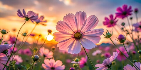 Common Cosmos flower at dusk Evening Light Illuminating Large Cosmos Flowers Low angle photo AI Generative