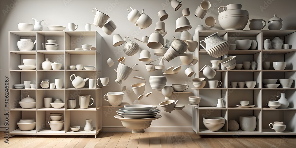 Aufkleber cascade of shelves of crockery falling many vases tobbling and shashing destruction explosion isomet