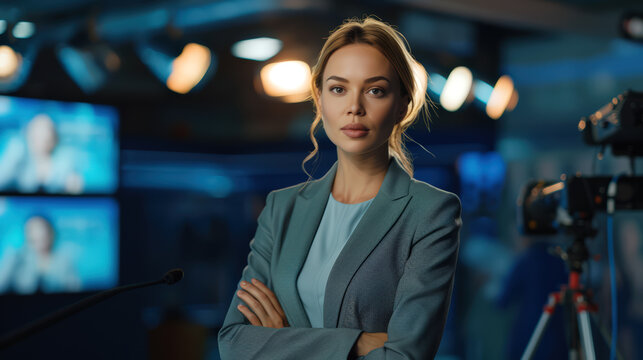 TV news presenter woman in a suit engaging in live stream broadcasting on television. 