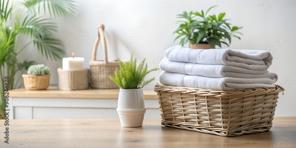 Poster a basket of towels and a stack of folded towels on a table in bathroom with a plant in the corner ai