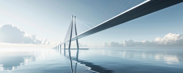 Obraz premium Panoramic view of serene water and modern bridge with reflection against cloudy sky, representing tranquility and architectural beauty.