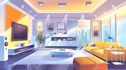 illustration of a modern smart home interior featuring integrated IoT devices like smart speakers, thermostats, and lighting controls, emphasizing convenience and technology