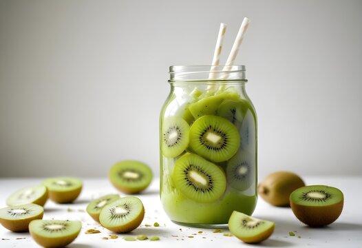 A transparent glass jar filled with greenish kiwis, placed with the white paper straws rounded along the haf cut slices of kiwis. 