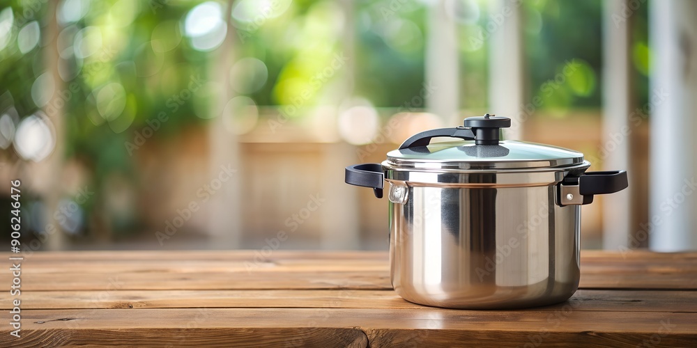 Poster tiny pressure cooker displayed on a stunning wood tabletop with blur effect generative by ai