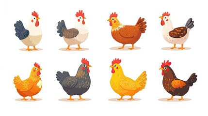 Cartoon chickens and chicks, various breeds, funny and friendly pets, vector set, happy and cheerful chickens