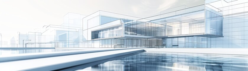 Obraz premium Modern architectural sketch of a futuristic building with glass facades and large open spaces, reflecting water in front.