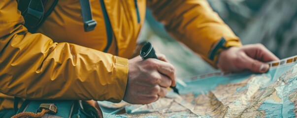 Fototapeta premium Close-up of a person marking a location on a map during an outdoor adventure, wearing a yellow jacket.