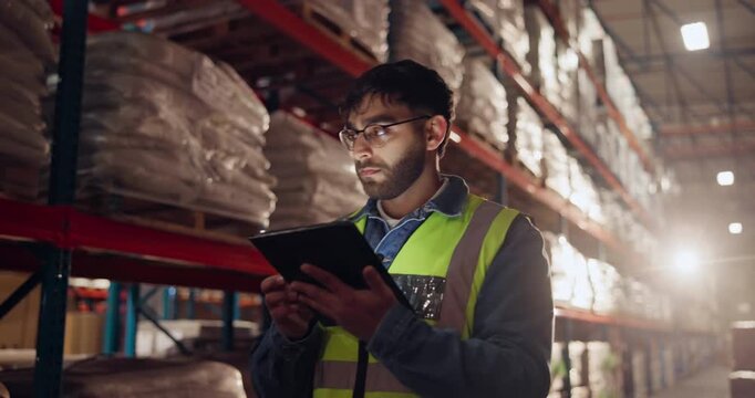 Logistics, man and tablet in storage for order, stock control and inventory management. Male worker, digital technology or warehouse of shipping company for item update, distribution or supply chain