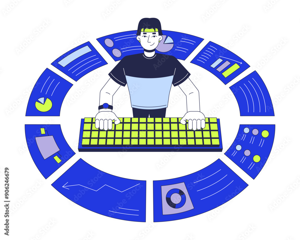 Poster data analytics business reports 2d illustration concept. computer analyst typing keyboard cartoon ch
