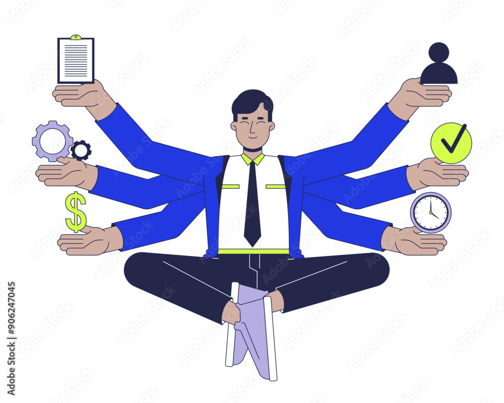 Poster multitasking in management 2d illustration concept. product manager working on tasks simultaneously 