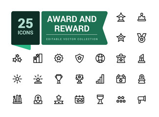 Award And Reward icon set. Minimal outline icons related to award, reward, badge, success. Linear icon collection. Editable vector stroke.