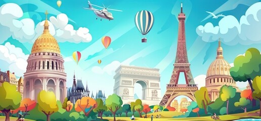 Playful cartoon depiction of France and iconic world landmarks, vibrant and fun concept