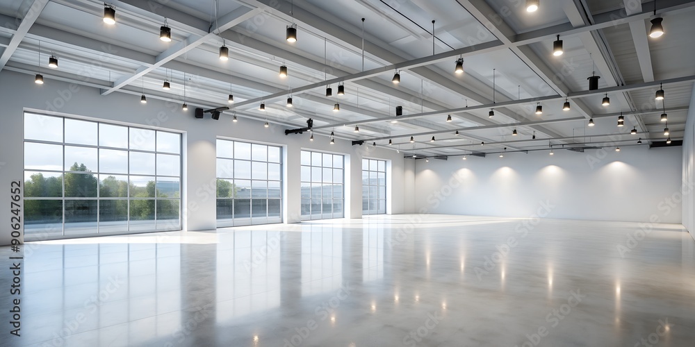 Aufkleber a bright large empty gallery space with focused spotlights and a wide window providing natural light