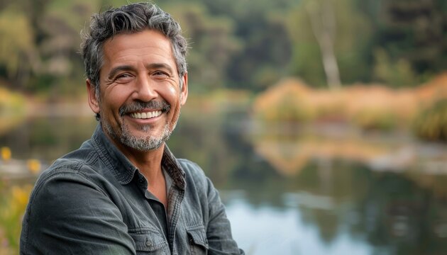 Content latino man radiating joy in serene park by lake, exuding happiness and vitality