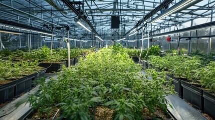 A high-tech greenhouse with automated climate control systems, LED grow lights, and hydroponic systems